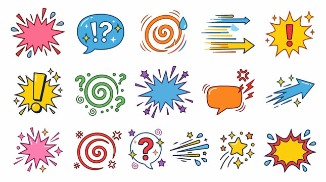 Colorful comic speech bubbles and thought clouds with exclamation marks, question marks, and explosion effects in various artistic styles on white background for creative design projects