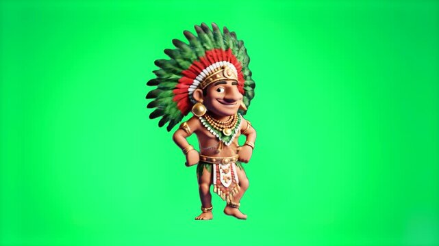 A detailed 3D rendered character of a tribal warrior or chieftain wearing a large green and red feather headdress. The character is posing confidently on a green screen background, ready for integrati