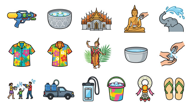 Vibrant colorful icons representing Thai Water Festival, Songkran celebration, Buddhist New Year, water splashing, temple, Buddha statue, traditional clothing, hoses, buckets, car wash, fun,