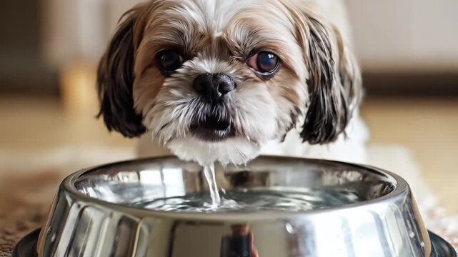 Adorable Shih Tzu Dog Drinks Water From Metal Bowl Close Up.