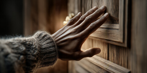 Naklejka premium Calm gesture in rustic setting. Serene act of closing wooden door in cozy interior