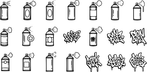 Urban Art Spray Paint Cans and Graffiti Words Black and White Line Art Icons Set © pixsource