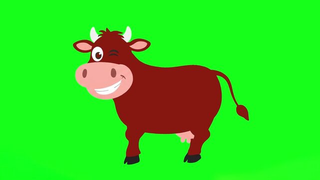 A cheerful 2D vector animation of a dark brown cow with a friendly smile and a wink. The character is designed in a flat style, suitable for farm, dairy, or children's content. Isolated on a green scr