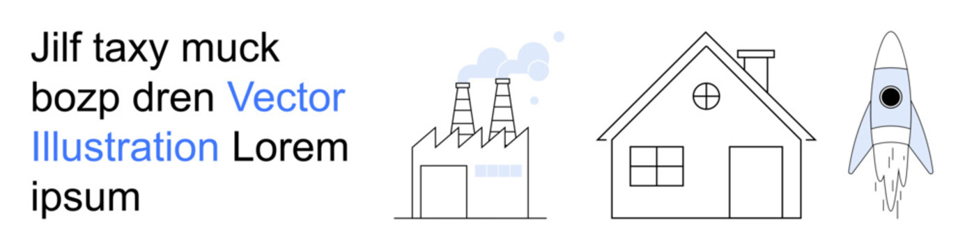 Technology innovation, industrialization, sustainable housing, space exploration, urban planning, clean energy. Factory, house rocketship illustration. Technology innovation and industrialization