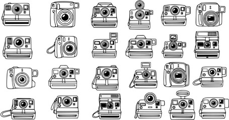 Black and White Line Art Collection of Vintage and Modern Instant Cameras, Vector Icons © pixsource