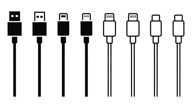 USB port vector set, Type, Type C, and Lightning connector symbols, clean minimal flat icons of USB connection ports