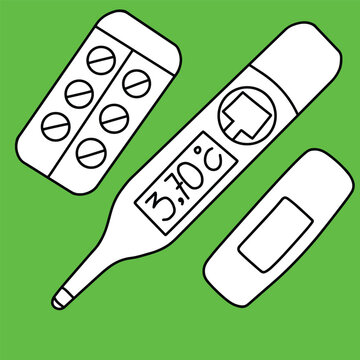 thermometer vector, medicine pills and hansaplast green background