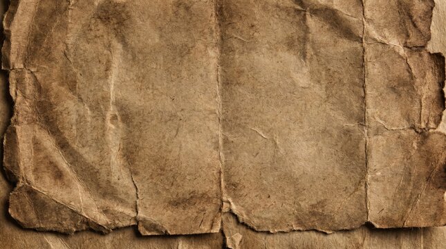 Old crumpled paper texture with torn edges and a vintage look. This paper has a rustic, weathered look, evoking feelings of age and history. The surface is textured with folds and tears.