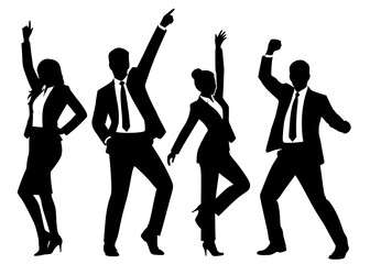 Fototapeta premium Silhouette vector illustration of four business professionals in suits dancing and celebrating professional success together.