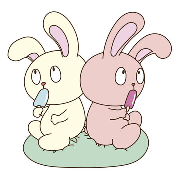 アイスキャンディーを食べるウサギのキャラクターたち
