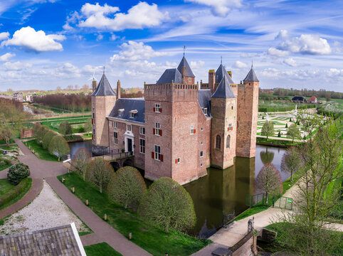 Slot Assumburg Medieval Moated Castle in Heemskerk &ndash; Historic Dutch Fortress with Four Corner Towers &ndash; North Holland Heritage &ndash; Netherlands Travel Art - Aerial view