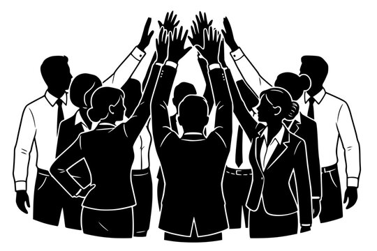 Business team raising hands together in group high five celebration, corporate teamwork unity and success concept, bold black silhouette illustration isolated on background
