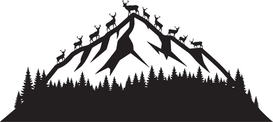 Obraz premium Mountain, deer, forest silhouette, wildlife scene, nature landscape, vector icon
