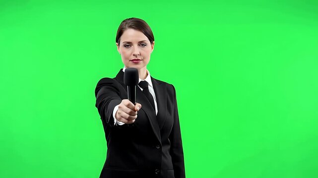 Professional female reporter holding microphone on green screen, ready for broadcast or presentation