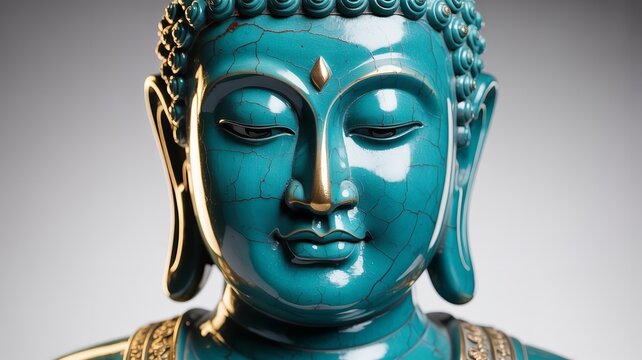 Close-up of a turqoise buddha statue with detailed textures and gold accents in soft lighting.