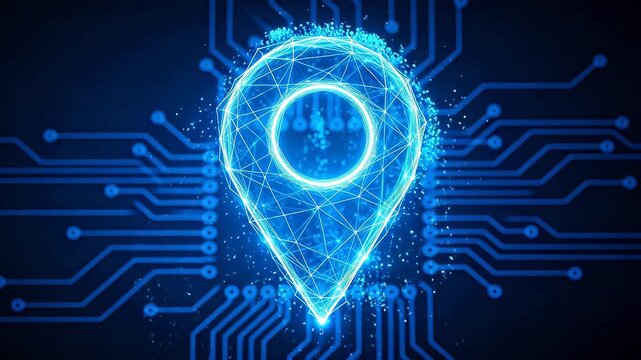 Digital location icon with blue glowing lines on a dark technology background
