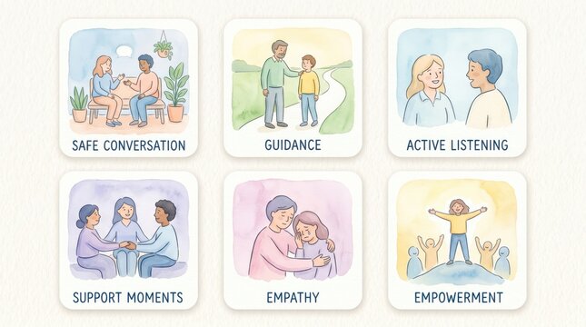 6 watercolors: building healthy relationships, offering guidance, support, empathy