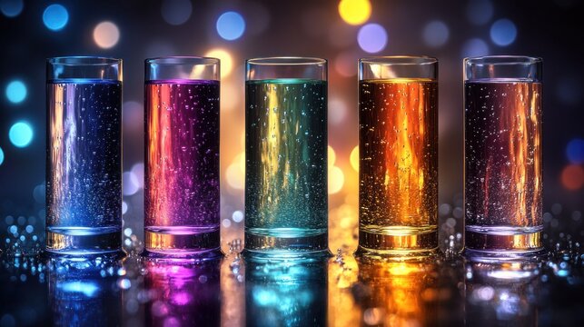 Colorful drinks in shot glasses against a bokeh background