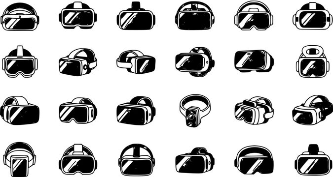 Black and White Vector Icons of Virtual Reality VR Headsets, Technology Art Style