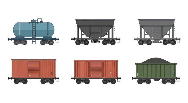 Set of Vintage Train Wagons, Freight Cars, and Tanker Car Illustration