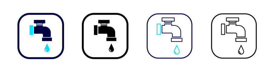 Obraz premium A faucet icon set represents water flow and conservation, illustrated in solid, outline, and colored variations on a clean background.