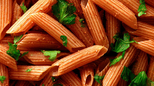 Macro view of cooked penne pasta tossed in red marinara sauce and garnished with fresh green cilantro