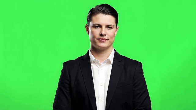 Young professional in black suit and white shirt against green screen, ready for chroma key compositing.