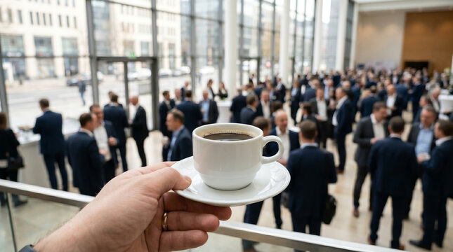 White coffee cup held by hand, blurred business people networking, attending conference break, modern convention center, lifestyle photography