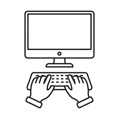 Fototapeta premium Minimalist computer workstation icon, hands typing on keyboard vector, desktop monitor line art for office work
