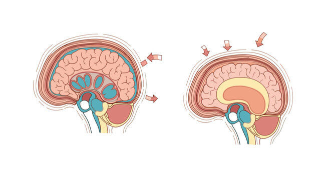 Medical illustration showing two cross sections of the human brain with different levels of internal fluid or pressure.