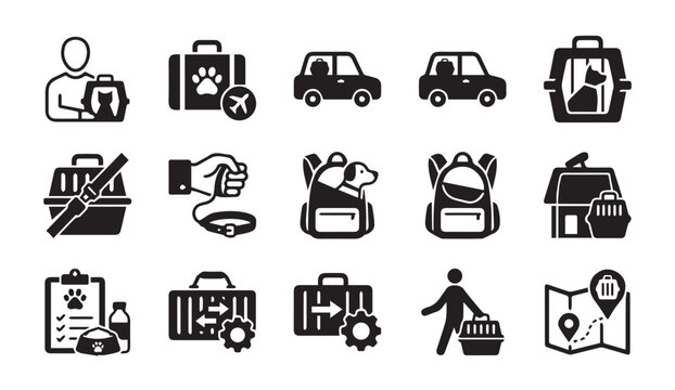 Pet travel and transportation icons for animals with transport, logistics
