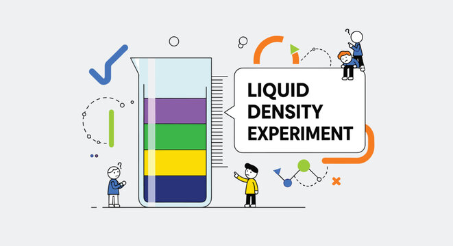 Colorful infographic illustrating a liquid density experiment with a beaker and small characters observing the layers.