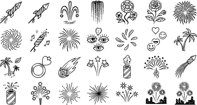 Celebration Fireworks Doodle Line Art Icons Set. Hand-drawn Black and White Explosions, Rockets, and Festive Event Elements.