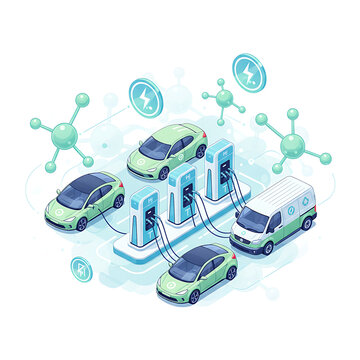 Electric vehicles charging at eco-friendly stations urban setting digital illustration clean energy aerial view sustainable transport concept