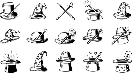 Black and White Line Art Magic Hats and Wands Icons Set. Hand-drawn Cartoon Magical Show and Entertainment Props Vector Illustration. © pixsource