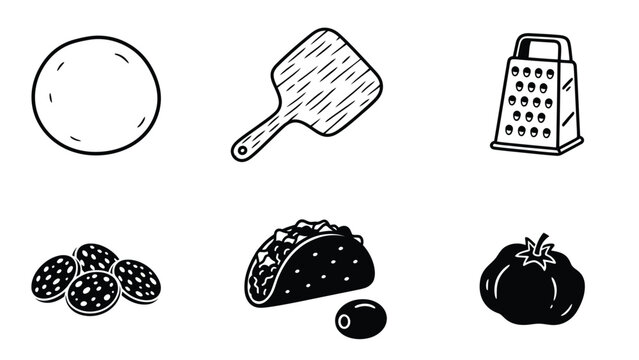 Culinary Icons Set: Pizza & Taco Ingredients, Kitchen Tools. Black and White Food Illustrations