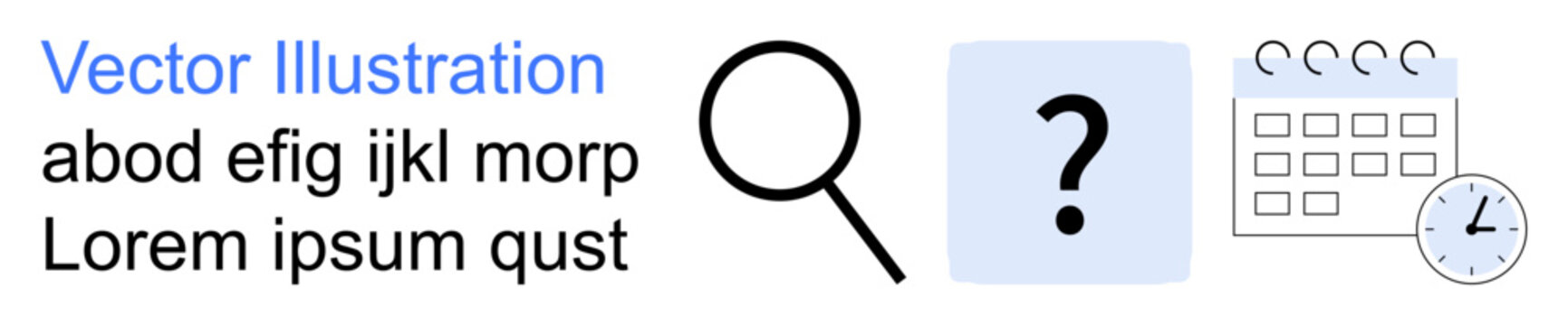 Research, time management, inquiries, planning, organization, deadlines. Magnifying glass, question mark and calendar with clock. Research and time management concept