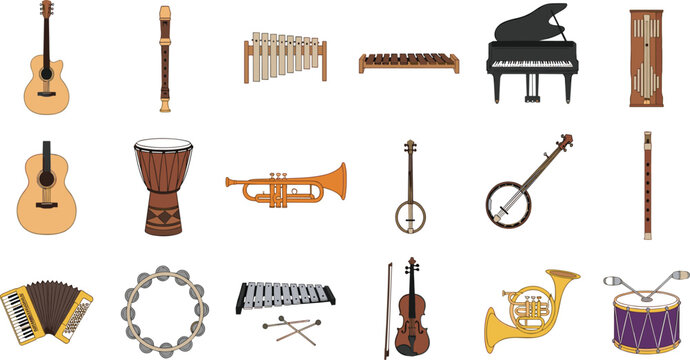 Traditional Musical Instruments Collection Featuring Guitar Recorder Piano Banjo Trumpet Violin Drum and Xylophone in Detailed Flat Vector Illustration for Music and Culture Designs.