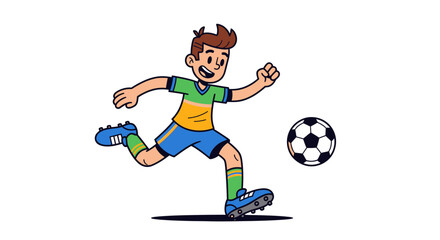 A cartoon human character in an energetic pose kicking a soccer ball in a sporty cartoon illustration against a simple clean white background.