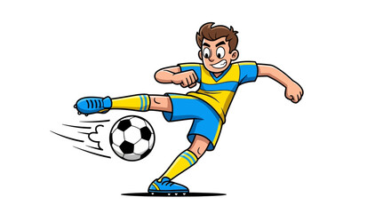 Obraz premium Cartoon human character in an energetic pose, playing soccer and kicking a ball in a sporty cartoon illustration against a simple clean white background.