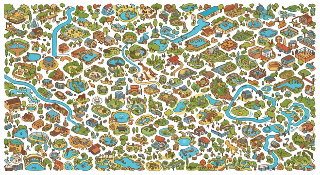 Isometric zoo map illustration, detailed wildlife park landscape with animal enclosures and blue river, cartoon safari theme park vector background