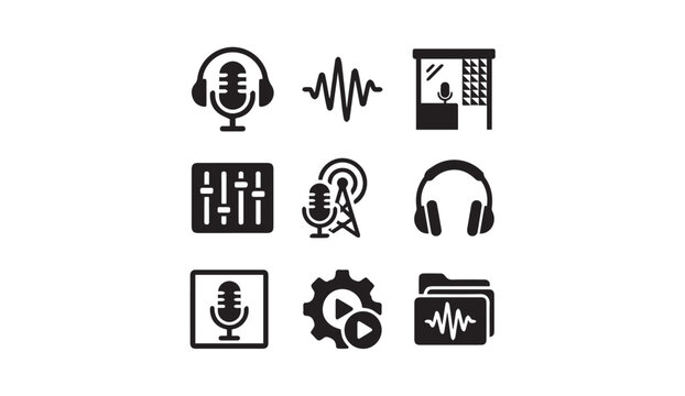 Audio production and professional sound recording icons with recording, software