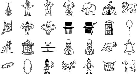 Circus Entertainment Black  White Line Art Icons Set. Hand-drawn outline symbols including clowns, strongmen, elephant, tent, magician, carousel, and show elements in doodle style. © pixsource