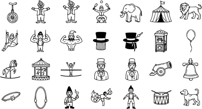 Circus Entertainment Black  White Line Art Icons Set. Hand-drawn outline symbols including clowns, strongmen, elephant, tent, magician, carousel, and show elements in doodle style.