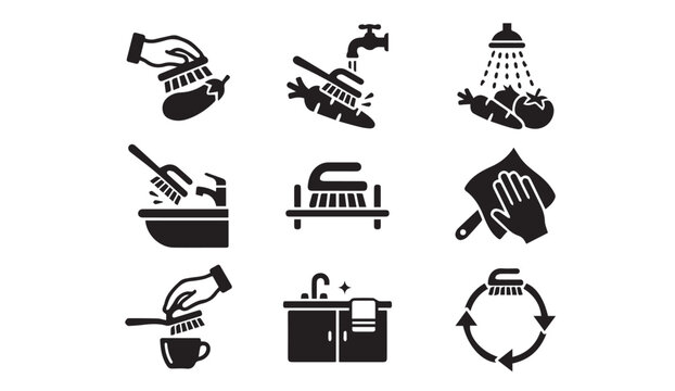 Kitchen vegetable cleaning and food preparation icon set with cleaning, culinary
