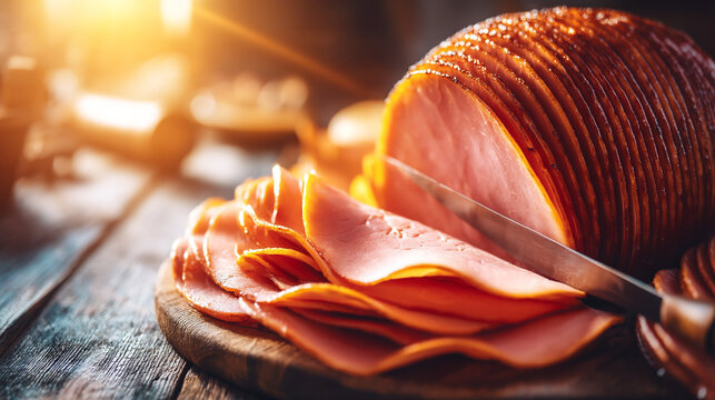 Delicious sliced honey glazed roasted ham on a wooden cutting board for holiday dinner with christmas