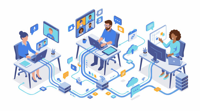 Professionals collaborating and connecting people through technology and communication tools effectively