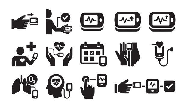 Digital health monitoring and pulse oximeter icons collection with monitoring