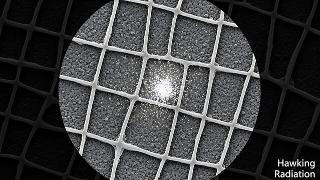 The intense Hawking Radiation effect is visibly depicted through a metal grid structure in a dark environment with a bright central light.