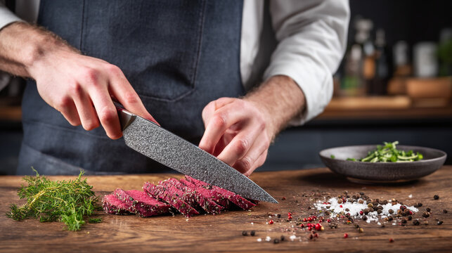 Professional chef slicing raw beef steak with sharp damascus knife on wooden cutting board with spices